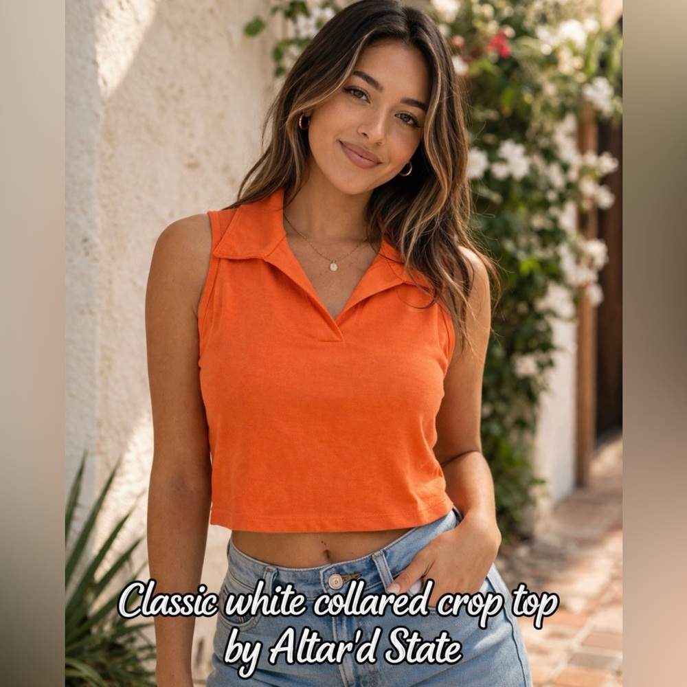 94. NWT Altar'd State Vibrant Orange Collared Crop Top